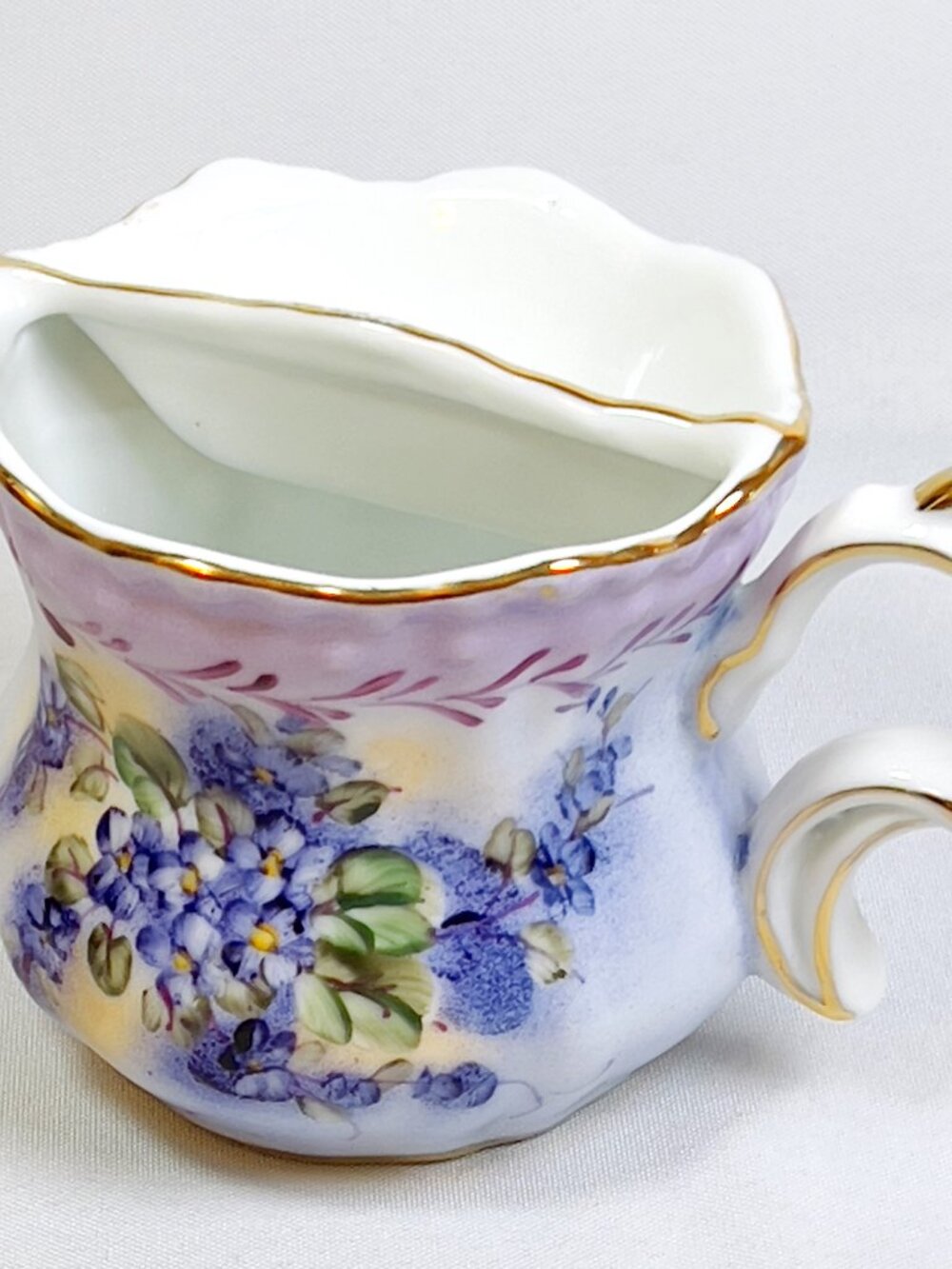 Hand Painted Shaving Cup Purple Vintage Porcelain Mustache Mug Gold Trim Teacup